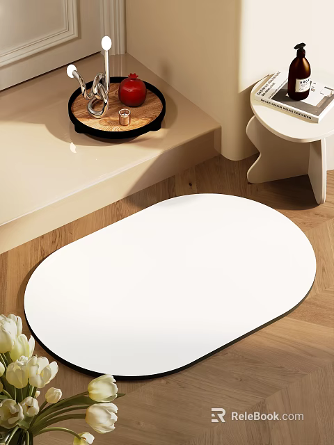 Stylish Modern Bathroom Interior With White Oval Mirror Wooden Floor And Decorative Tray 3d model 