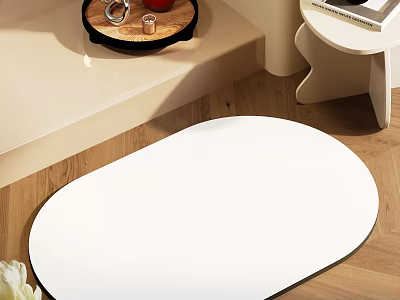 Stylish Modern Bathroom Interior With White Oval Mirror Wooden Floor And Decorative Tray 3d model