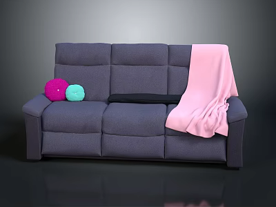 Modern Comfortable Gray Sofa With Pink Blanket And Colorful Cushions 3d model