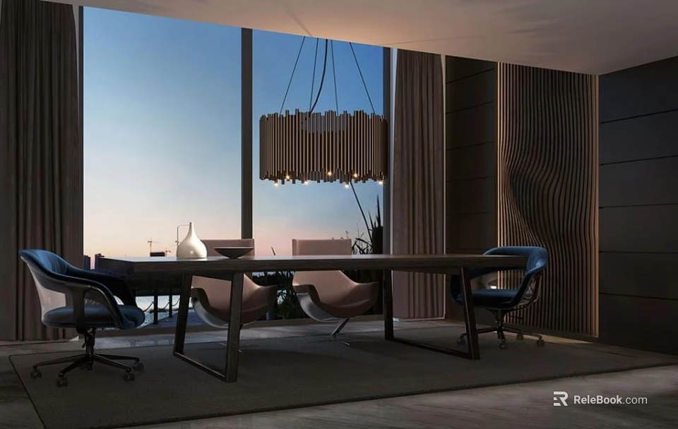 Modern Dining Table And Chairs Interior Design With Pendant Light And Large Window 3d model 