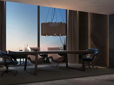 Modern Dining Table And Chairs Interior Design With Pendant Light And Large Window 3d model