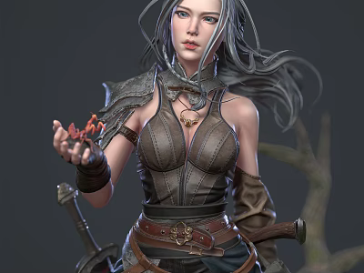 Game Movie Character With Silver Long Hair Leather Armor Holding Red Magic Object And Sword 3d model