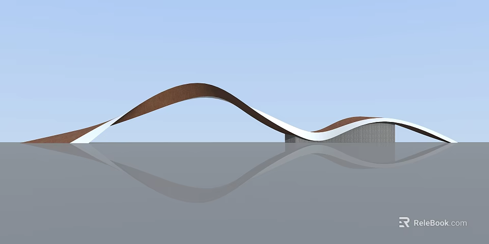 Modern Wavy Entrance Gate Design With Brown And White Curves Water Reflection And Blue Sky 3d model 