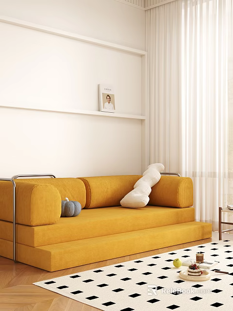 Yellow Corduroy Sectional Sofa With White Pillow Blue Pumpkin Decor And Bright Curtains 3d model 
