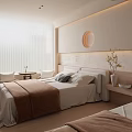 Hotel Guest Room With Two Beds Beige Bedding Circular Wall Decor Vase And Wooden Floor