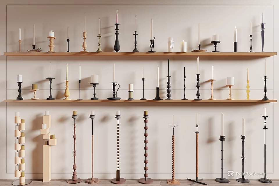 Variety Of Unique Candle Holders Displayed On Shelves And Floor 3d model 