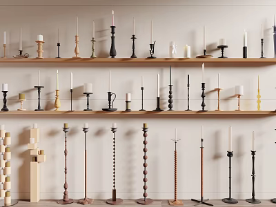 Variety Of Unique Candle Holders Displayed On Shelves And Floor 3d model