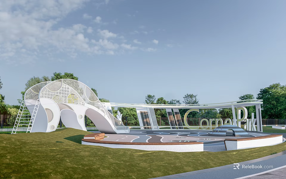 Modern Park Landscape With Green Lawn White Curved Structures And Trees 3d model