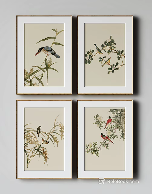 Traditional Botanical Paintings With Birds Leaves And Branches In Golden Frames 3d model 
