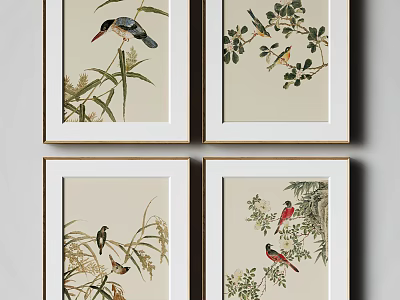 Traditional Botanical Paintings With Birds Leaves And Branches In Golden Frames 3d model
