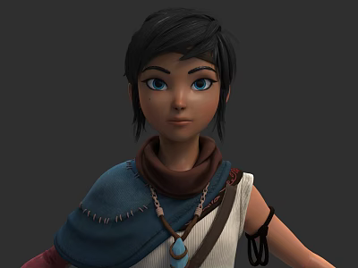 Adventurous Female Character With Blue Shawl And White Top And Her Animal Companion 3d model