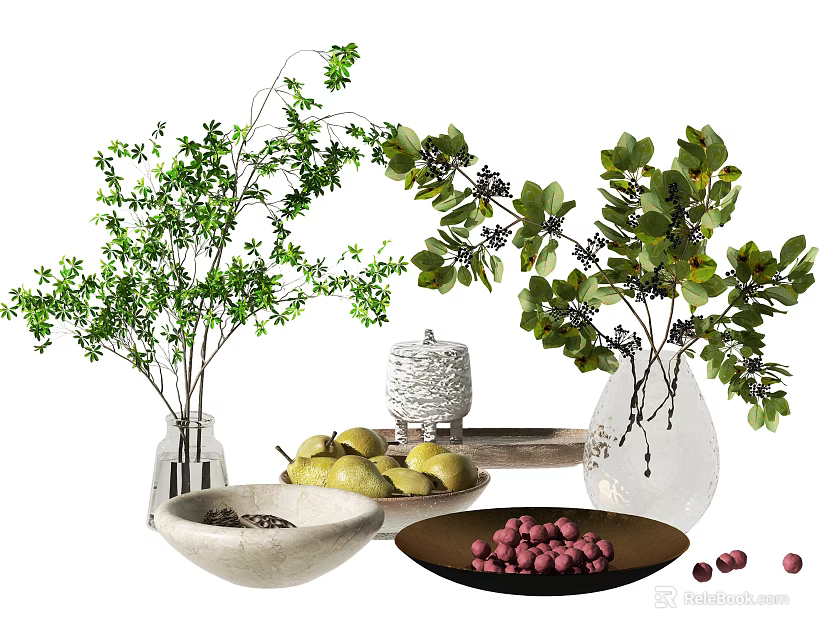 Decorative Ornament Set With Green Foliage Branches Fresh Pears Red Berries And Glass Vases 3d model 