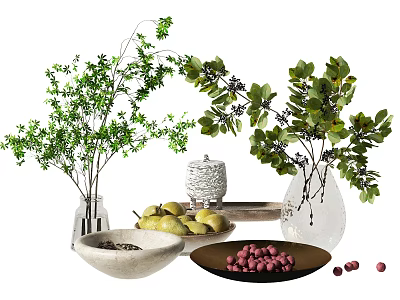 Decorative Ornament Set With Green Foliage Branches Fresh Pears Red Berries And Glass Vases 3d model