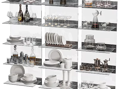 Kitchen With Transparent Shelves For Neatly Arranged Tableware And Glassware 3d model