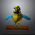 Yellow and Blue Parrot with White Face Standing on Wooden Log in Gray Background