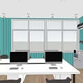 Container Office Interior With Desks Computers Chairs Windows And Wall Decorations
