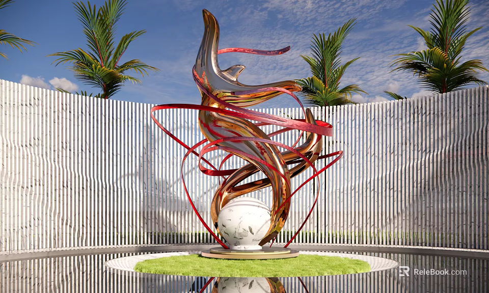Abstract Sculpture with Red Gold Flowing Ribbons Central White Sphere Palm Trees and Reflecting Pool 3d model 