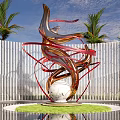 Abstract Sculpture with Red Gold Flowing Ribbons Central White Sphere Palm Trees and Reflecting Pool