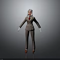 3D Female Character In Brown Suit With White Hair Red Tie White Gloves Red Shoes