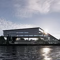 Modern Waterfront Building With Glass Facade Green Roof And Trees Around