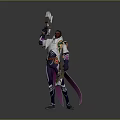 Fantasy Character Standing With Long Weapon And Sword On Back In White Green Outfit