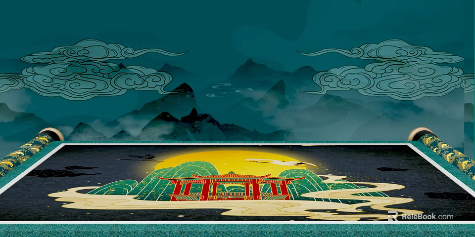 Chinese Traditional Landscape With Forbidden City Corner Tower Green Blue Mountains Auspicious Clouds Full Moon 3d model 
