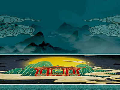Chinese Traditional Landscape With Forbidden City Corner Tower Green Blue Mountains Auspicious Clouds Full Moon 3d model