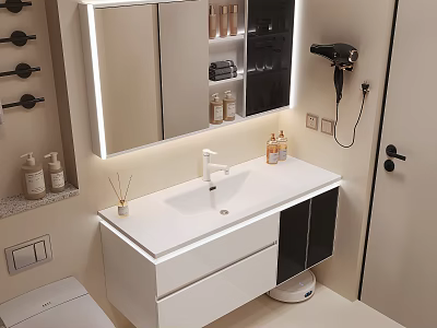 Modern Bathroom Vanity With White Countertop Storage Mirror Cabinet And Toiletries 3d model