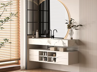 Modern Bathroom Vanity With Marble Countertop Round Mirror Storage Cabinets Plants And Natural Light 3d model