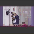 Cartoon Bear Cleaning Room with Open Door Shelf Plates Scattered Items and Pink Cloth