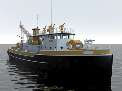 Black and Yellow Hull Ship with Crane Antennas and Lifebuoy on Calm Sea 3d model