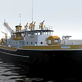 Black and Yellow Hull Ship with Crane Antennas and Lifebuoy on Calm Sea