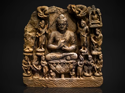 Buddhist Stone Sculpture Carving With Central Buddha And Surrounding Figures 3d model