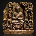 Buddhist Stone Sculpture Carving With Central Buddha And Surrounding Figures