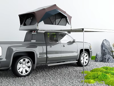 Gray Pickup Truck With Roof Tent And Awning For Outdoor Camping Adventure 3d model