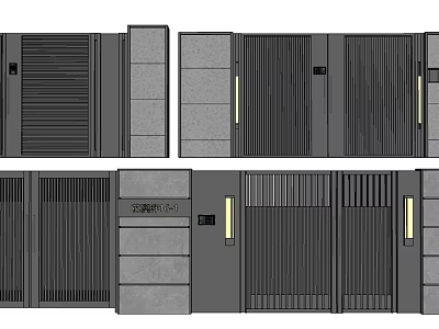 Modern Entrance Gates Design With Metal Slats And Stone Panels For Buildings 3d model