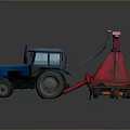 Blue Farm Tractor Pulling Red Agricultural Implement For Field Work