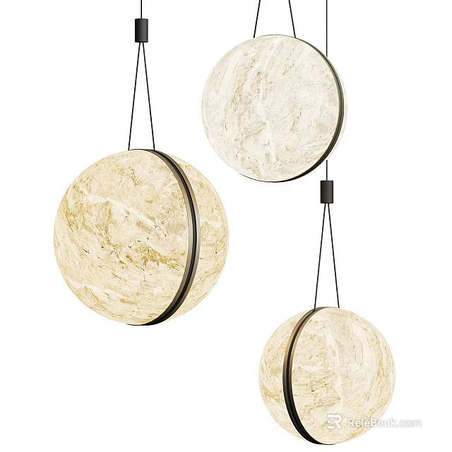 Modern Three Round Pendant Lights With Marble Texture And Black Frame Design 3d model