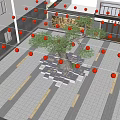 Tree Pit with Large Tree and Hanging Orange Lanterns in Paved Courtyard Area