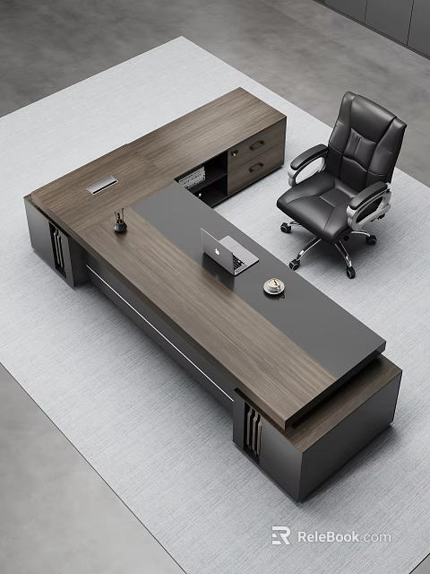 Modern Wooden Office Desk With Laptop Desk Lamp Clock And Black Office Chair On Rug 3d model 