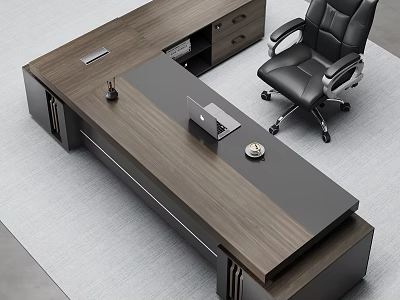 Modern Wooden Office Desk With Laptop Desk Lamp Clock And Black Office Chair On Rug 3d model