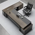 Modern Wooden Office Desk With Laptop Desk Lamp Clock And Black Office Chair On Rug