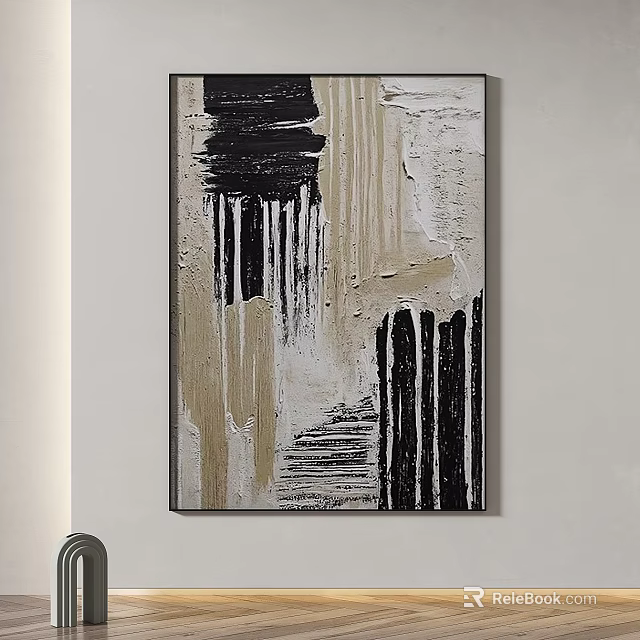 Modern Abstract Painting With Black Beige White Textured Brushstrokes And Vertical Lines 3d model 