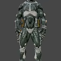 Detailed Futuristic Armored Character In Tech Suit Standing Against Orange Background