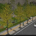 Scenic Municipal Road With Tall Buildings Yellow Leaf Trees Pedestrians And Flowers On Sidewalk