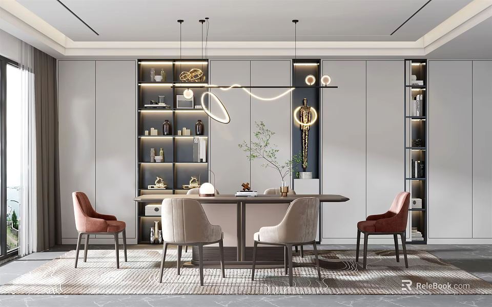 Elegant Modern Dining Room Interior Design With Long Table Pendant Lights And Bookshelves 3d model 