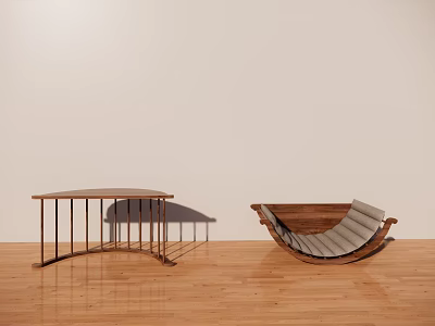Table And Chair Set With Wooden Tabletop Slim Black Legs Curved Frame Gray Cushion 3d model