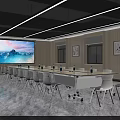 Modern Conference Room Interior With Long Table White Chairs Large Screen And Snow Mountain