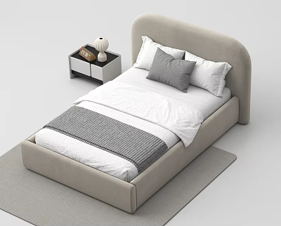 Single Bed Featuring Beige Curved Headboard White Sheets Gray Blanket Pillow and Nightstand with Lamp 3d model