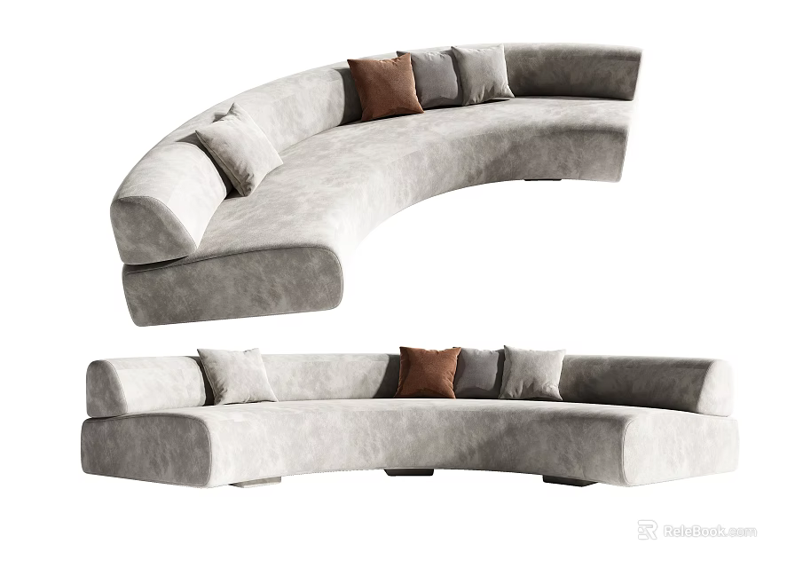 Light Gray Curved Sectional Sofa With Soft Fabric And Brown Accent Cushions 3d model